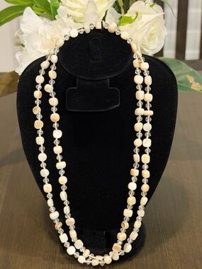 Vintage Hand-Knotted Mother of Pearl & Faceted Glass Crystal Endless Necklace